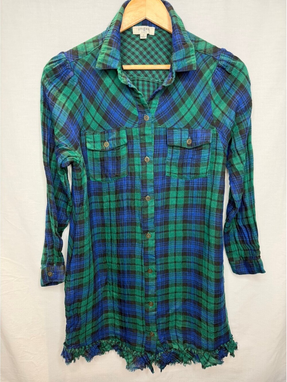 Umgee Size Small Blue Green Plaid Frayed Hem Tunic Shirt Dress Rayon